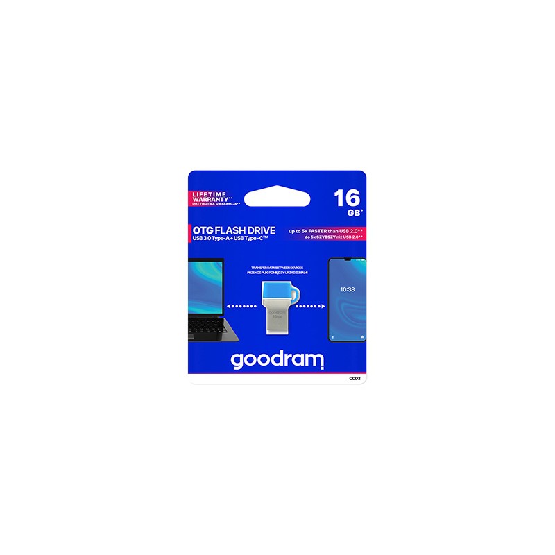 Goodram USB flash disk OTG, USB 3.0, 16GB, ODD3, niebieski, ODD3-0160B0R11, USB A / USB C, z osłoną