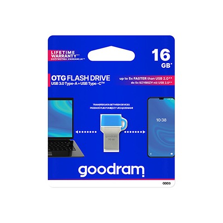 Goodram USB flash disk OTG, USB 3.0, 16GB, ODD3, niebieski, ODD3-0160B0R11, USB A / USB C, z osłoną