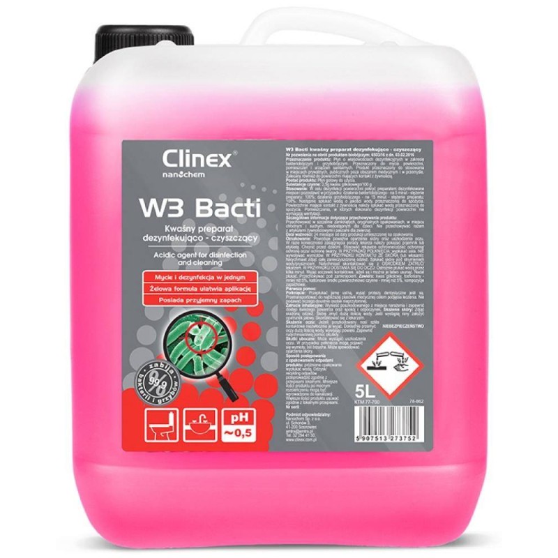 Preparat do mycia powierzchni, pomieszczeń i urządzeń sanitarnych CLINEX W3 Bacti  5L
